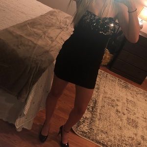 Strapless black sequin bodycon dress